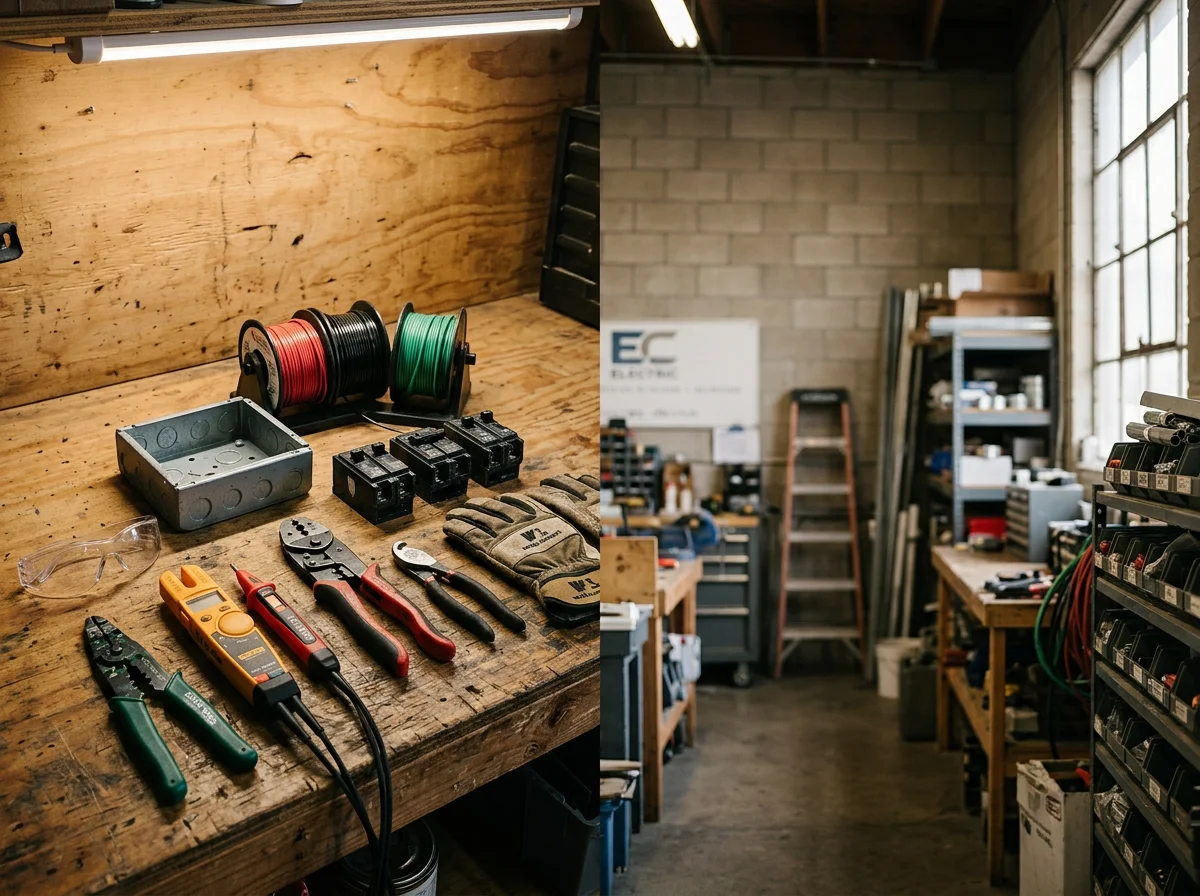 Electrician's tools and equipment on a work surface, ready for residential electrical installation and repair.
