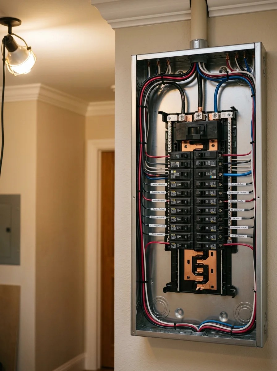 Interior view of high-end electrical panel upgrade in Atherton home with modern circuit breakers and wiring