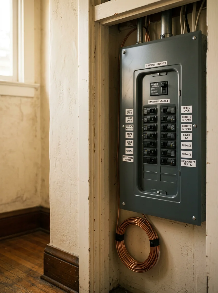 A new electrical panel installed in the utility area of an Albany bungalow, replacing an original fuse box in a compact 1930s single-family home.