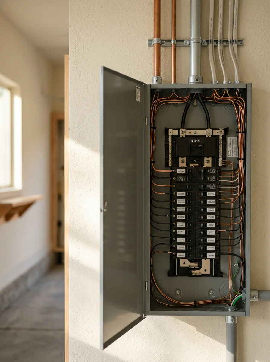 A high-end residential electrical panel installed in a custom Los Gatos home, with organized breakers for EV chargers, outdoor circuits, and whole-house lighting control.
