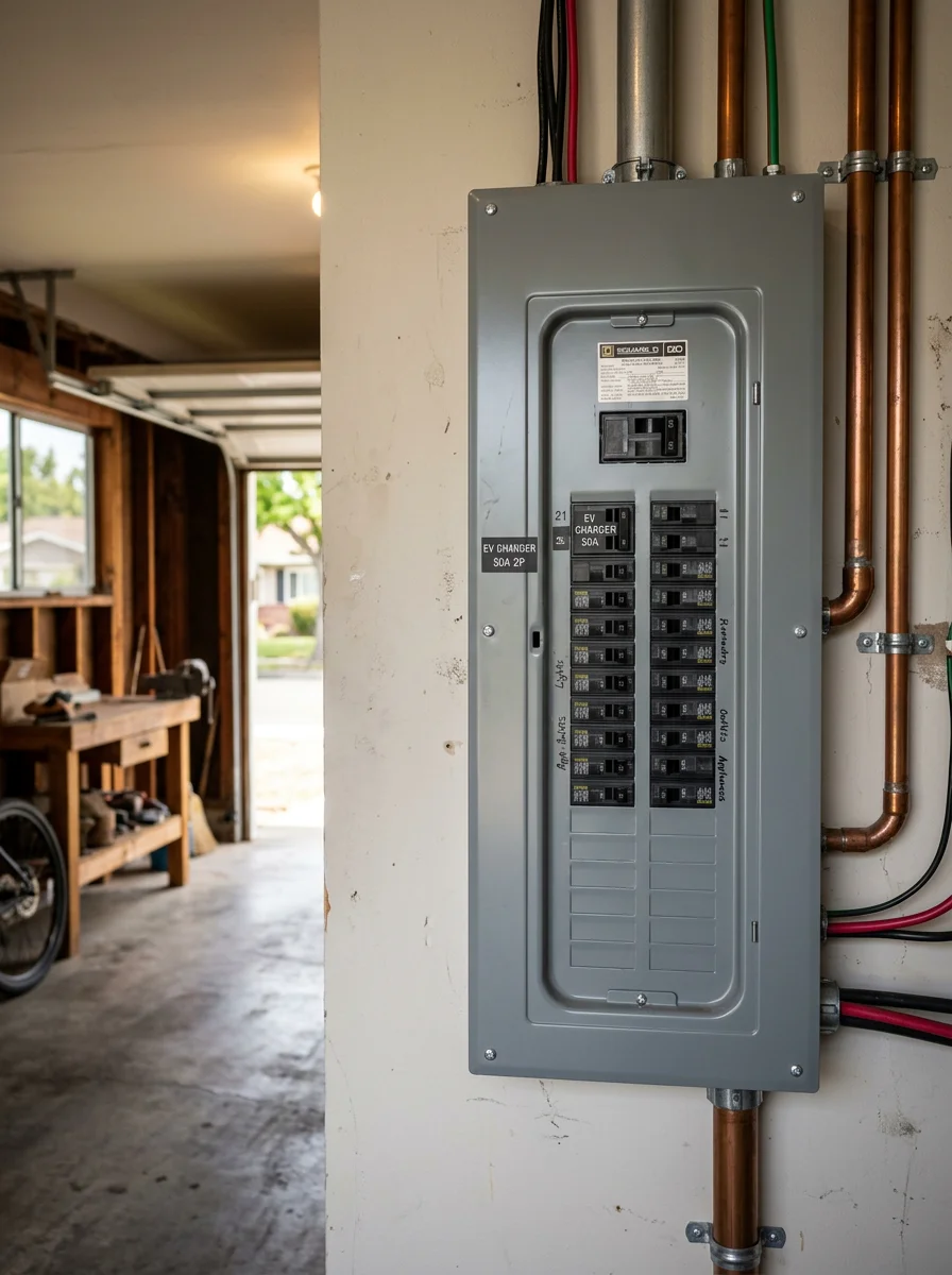 A new 200-amp electrical panel installed in the garage of a mid-century Mountain View home, with a dedicated EV charger circuit breaker labeled and ready.