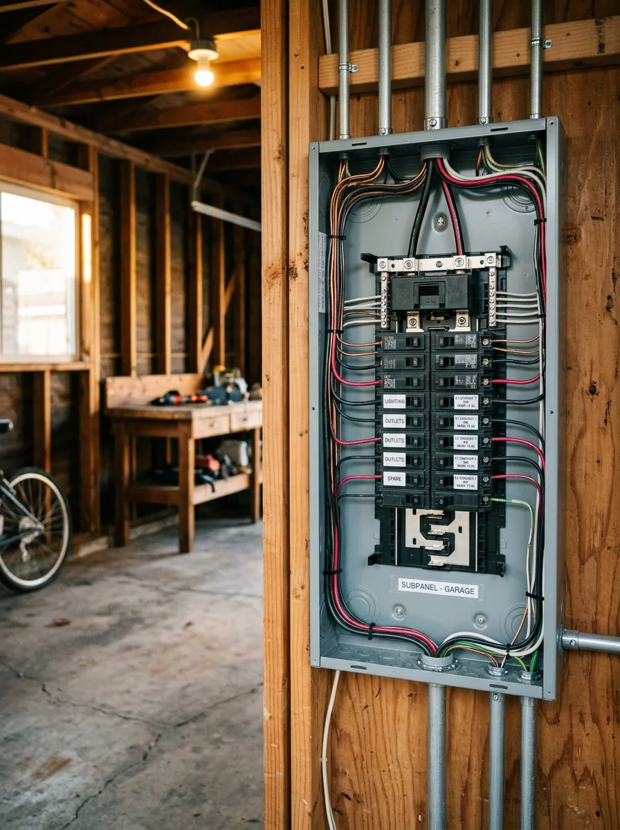 A newly wired subpanel installed in a detached garage on a large Redwood City residential lot, with labeled breakers for lighting, outlets, and EV charging.