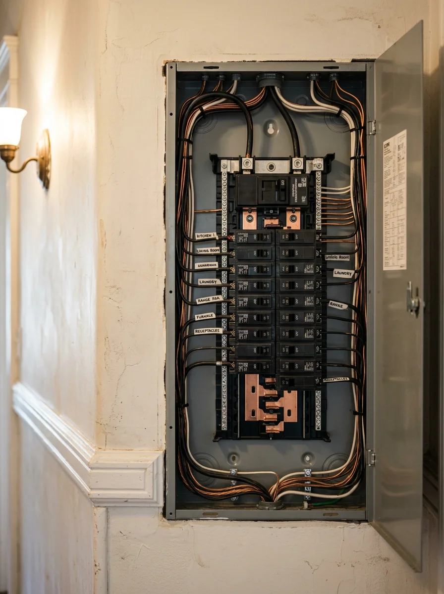 Close-up of a new 200-amp electrical panel installed in a San Francisco home, with neatly labeled breakers replacing an outdated fuse box.