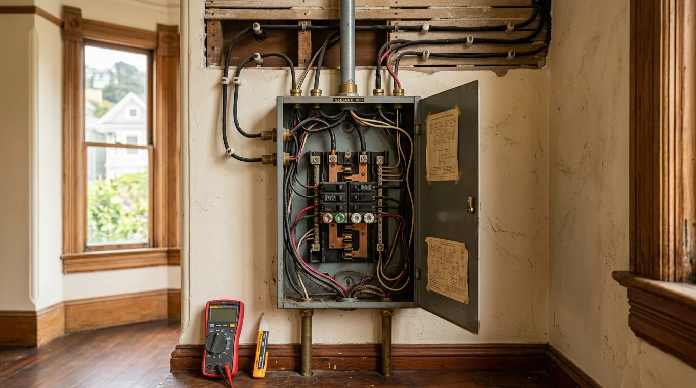 An electrician working inside the electrical panel of a pre-war Victorian row house in San Francisco, with exposed knob and tube wiring visible in the background.