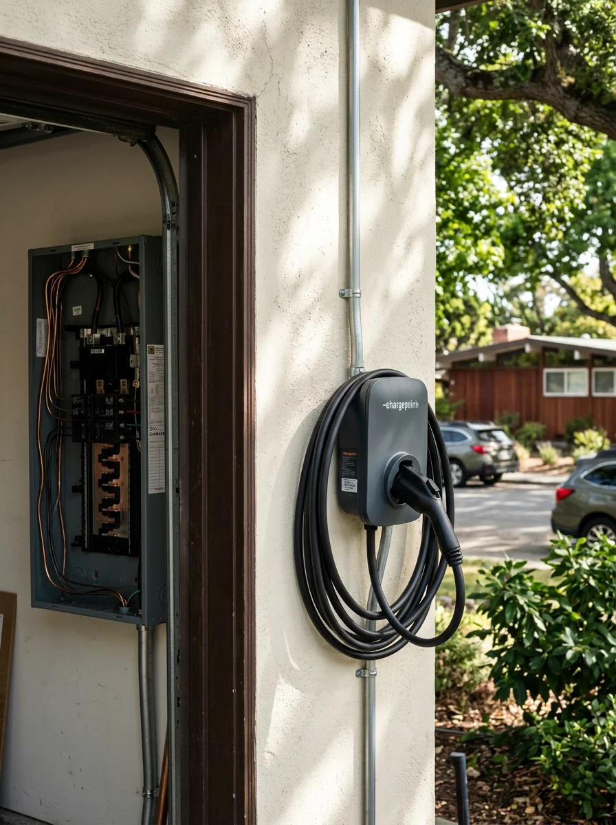 A Level 2 EV charger mounted on the garage wall of a mid-century San Mateo home, with a new dedicated circuit running to the upgraded panel.