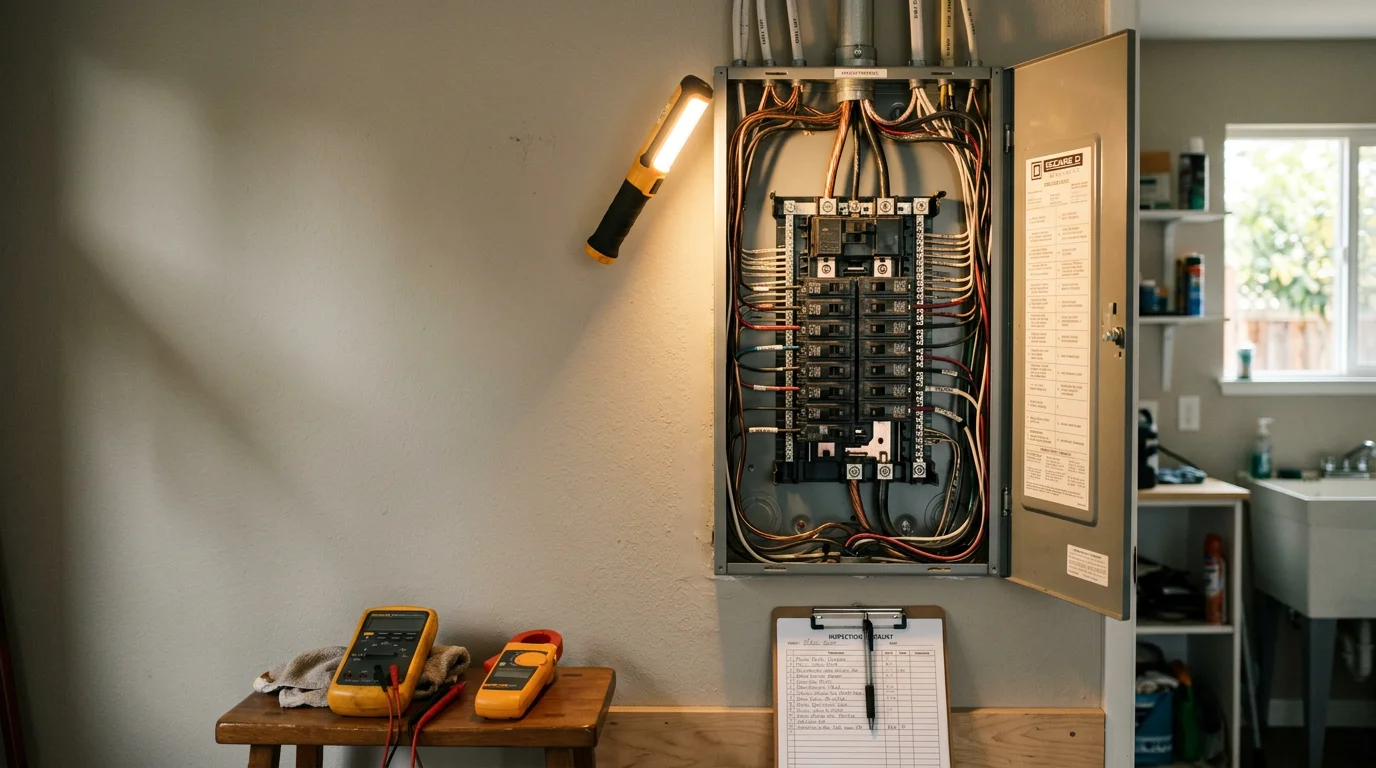 An electrician from EC Electric inspecting a residential electrical panel in a Bay Area home, checking breakers and wiring connections for safety issues.