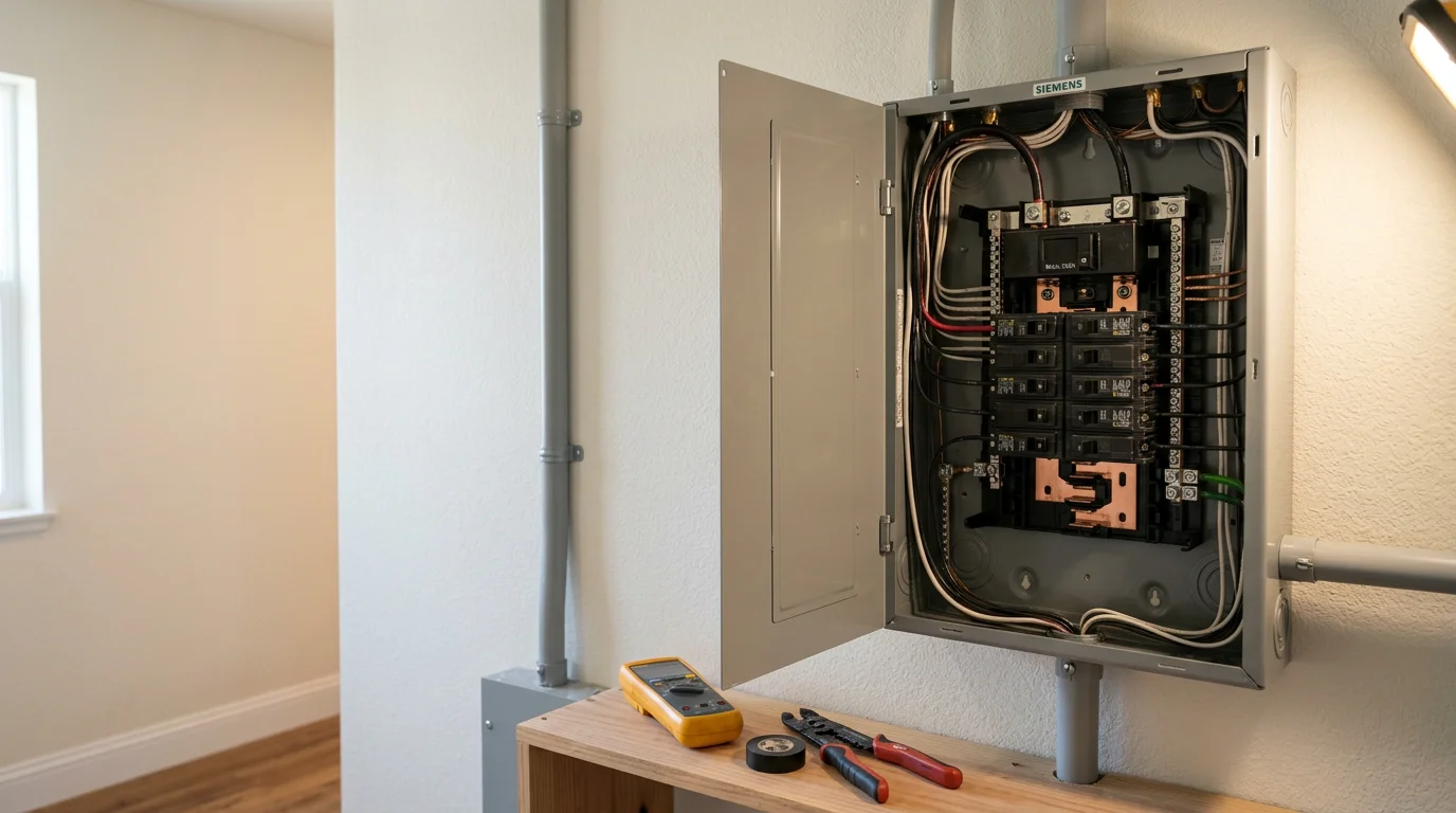 A newly installed residential electrical panel with clearly labeled circuit breakers mounted on a utility wall inside a Bay Area home. The panel is clean, organized, and ready to support modern electrical loads for the homeowner.