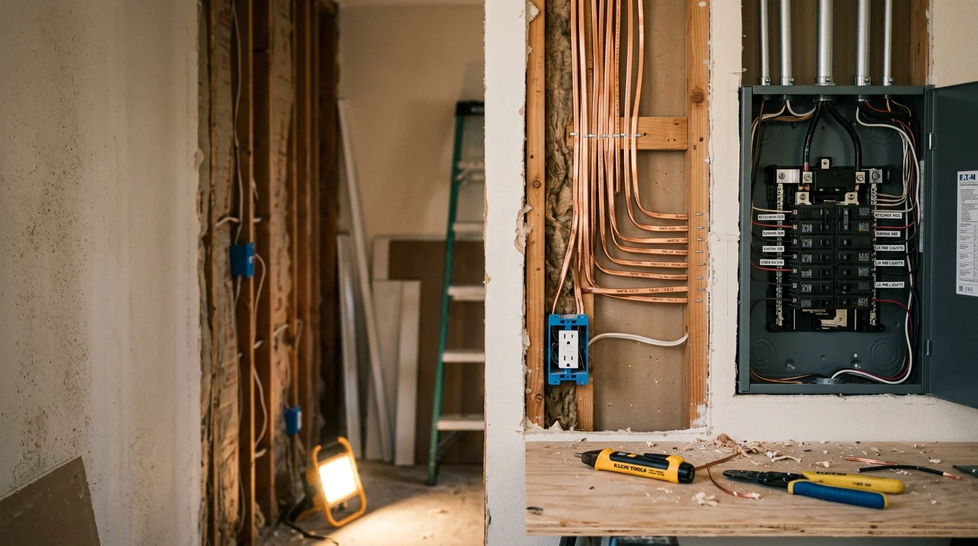 An electrician running new wiring through an open wall cavity during a home remodel in the San Francisco Bay Area. Freshly installed electrical boxes and circuit runs are visible alongside new framing in the remodeled room.