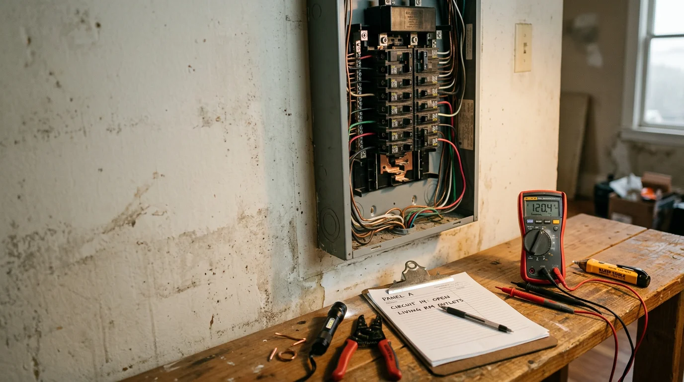 An electrician inspecting a residential electrical panel during a troubleshooting visit in a Bay Area home. The panel cover is open and the electrician is tracing a circuit with a diagnostic tool.