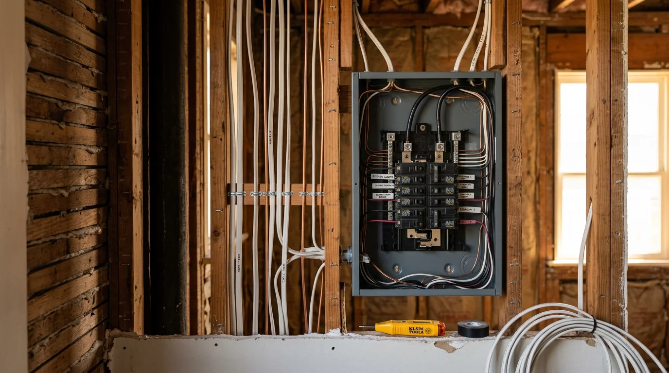 An electrician running new electrical wiring through the wall of a Bay Area home during a residential wiring installation project. Clean cable runs and properly secured connections visible inside an open wall cavity.