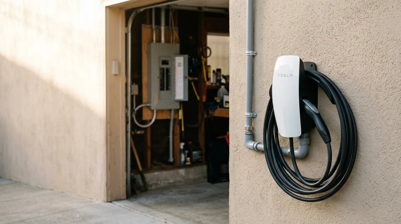 A Level 2 EV charger mounted on the interior wall of a residential garage in the San Francisco Bay Area, with a dedicated circuit conduit running neatly to the electrical panel.