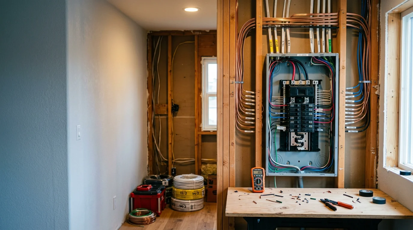 Interior view of a high-end residential electrical wiring installation in a Bay Area home, showing neatly routed wiring and a cleanly organized panel ready for modern circuits. Work reflects careful craftsmanship suited to older and custom homes across San Francisco, Atherton, and Menlo Park.