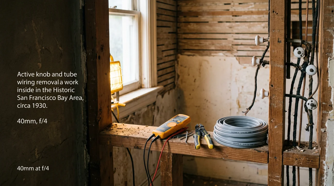 An electrician removing old knob and tube wiring from the attic of a pre-1950s home in San Francisco, with ceramic knobs and cloth-insulated conductors visible against wood framing. New grounded wiring is staged nearby for installation.