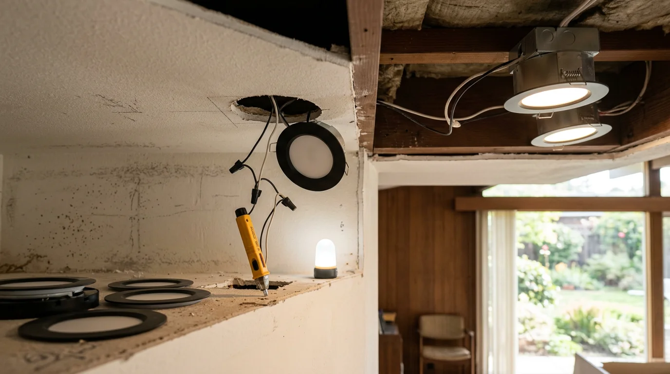 A residential kitchen in the San Francisco Bay Area with newly installed recessed ceiling lights and under-cabinet lighting, showing clean wiring and evenly distributed illumination across the countertops.