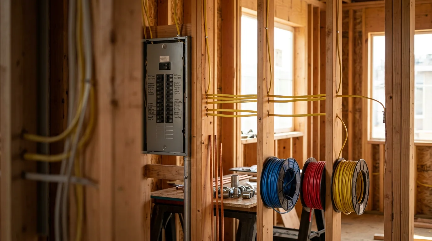 An electrician running new wiring through open wall framing inside a new construction home in the San Francisco Bay Area. Electrical boxes, conduit, and wire runs are visible before drywall installation.